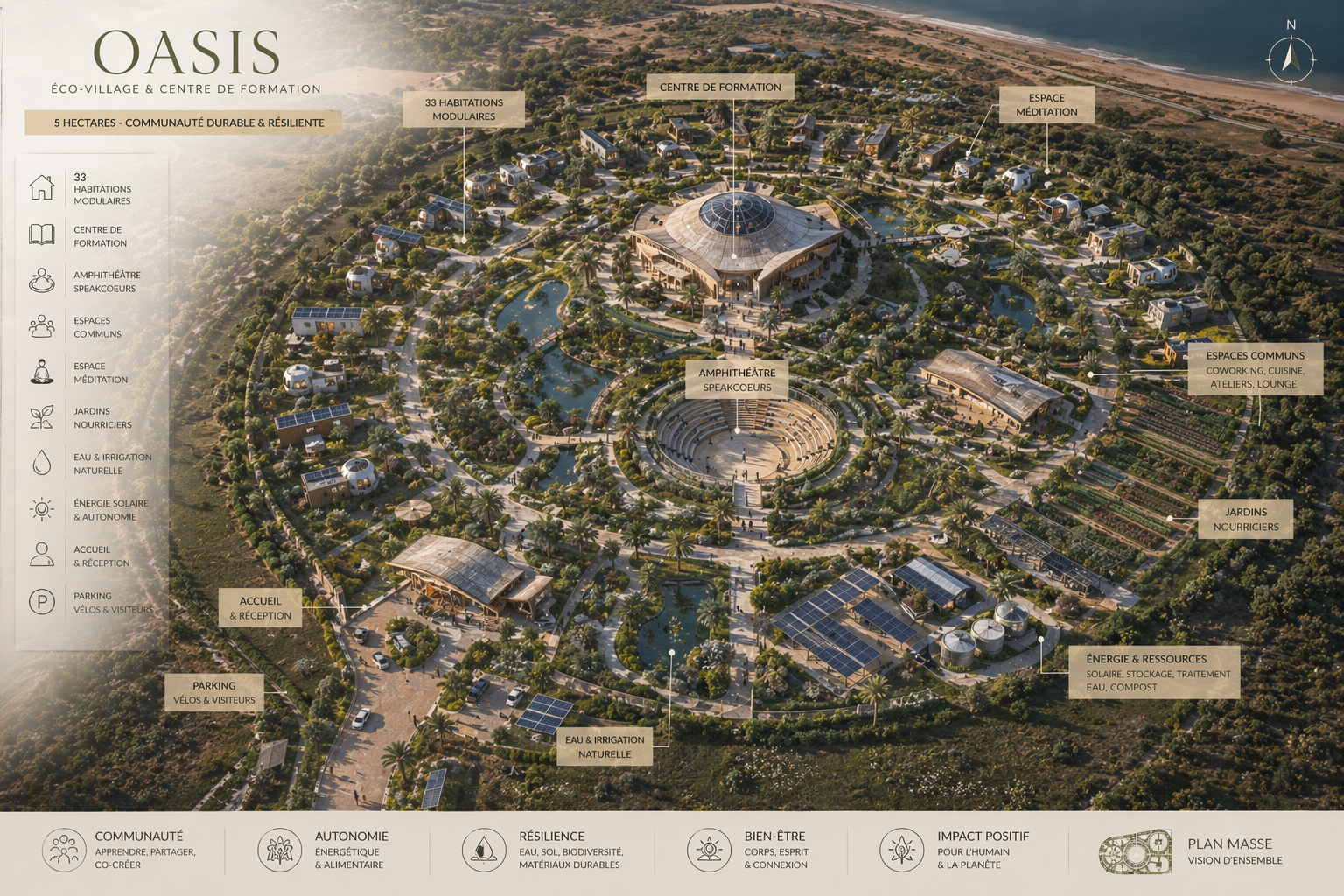 Vision aérienne de l'Oasis des SpeakCoeurs à Essaouira — 5 hectares de nation nomade