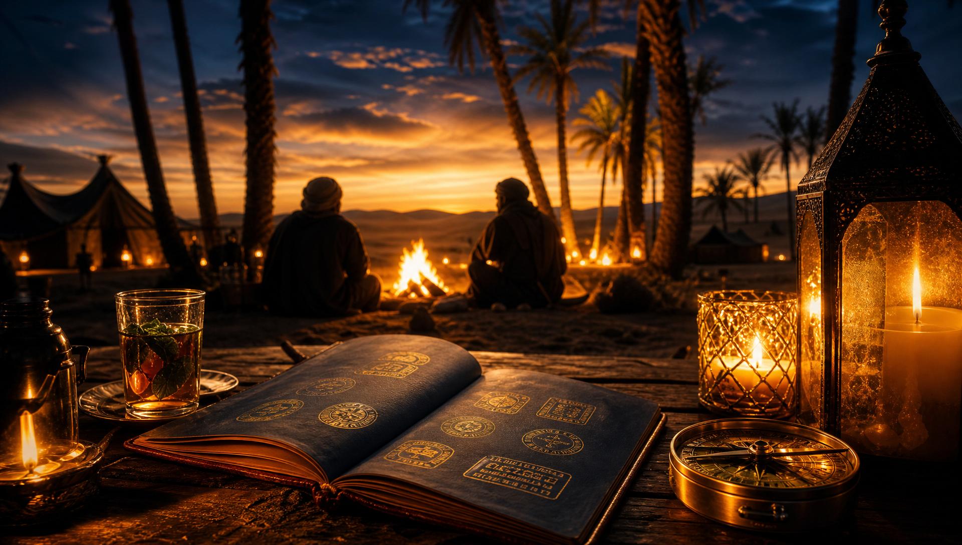 Oasis marocaine au crépuscule — un passeport ouvert sur une table, silhouettes autour d'un feu